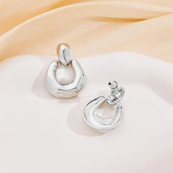 Women's Silver Brushed Square Statement Retro Hoop Dangle Earring Multiple Style - Picture 6 of 7